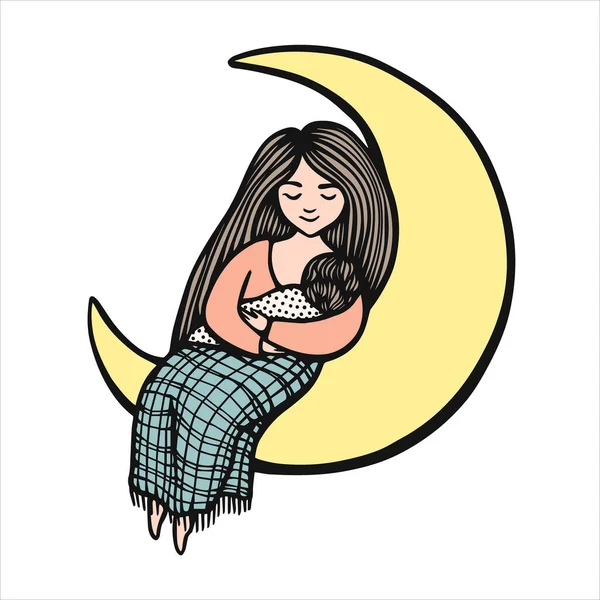 Femme tient bébé et s'assoit sur la lune jaune. Illustration vectorielle colorée dessinée à la main. Allaitement. Maman whith enfant . — Image vectorielle