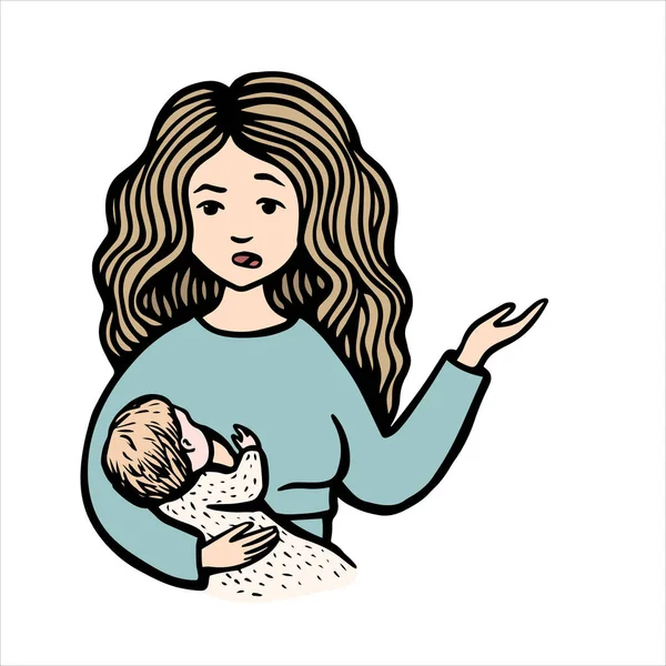 당황 한 여자는 아기를 안고 손을 들었다. 손으로 그린 화려 한 벡터 스톡 일러스트. 모유먹이기. 파란 스웨터를 입고 아이를 안고 있는 엄마. — 스톡 벡터