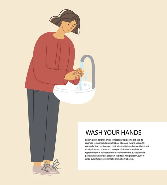 Mujer en pleno crecimiento se para cerca del lavabo y se lava las manos. métodos preventivos de protección contra virus. vector stock ilustración . — Vector de stock