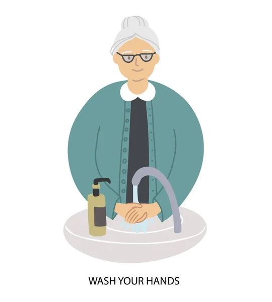 Пожилая женщина стоит рядом с умывальником и моет руки с мылом в дозаторе. профилактические методы защиты от вирусов. векторная иллюстрация . — стоковый вектор