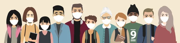 Coronavirus COVID-19. Farklı uyruklu ve yaştaki insanların yatay pankartta maskeleri var. Zatürree hastalığı. Salgın hakkında vektör stoku çizimi.