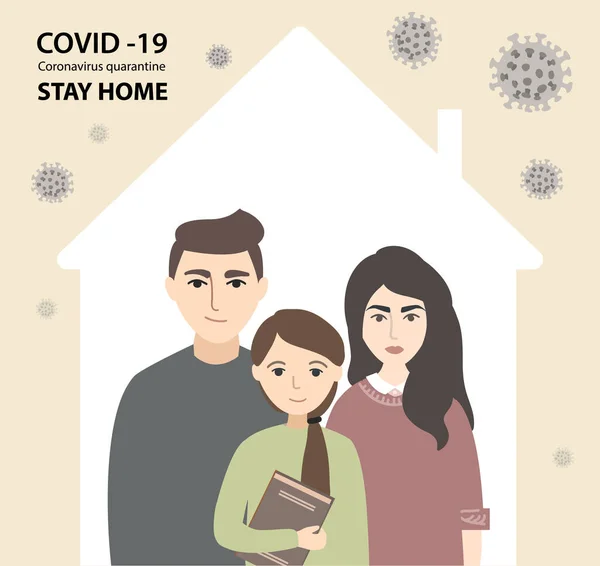 Коронавирус COVID-19 Continual, карантин, домашний плакат Stay. Семья стоит в доме с вирусами вокруг. Пневмония. векторная иллюстрация о эпидемии . — стоковый вектор