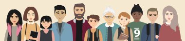 Çok uluslu bir grup izole edilmiş. Yaşlı ve genç erkekler, kadınlar ve çocuklar yatay pankartta yan yana duruyorlar. Toplum ya da nüfus. Düz stok vektör illüstrasyonu.