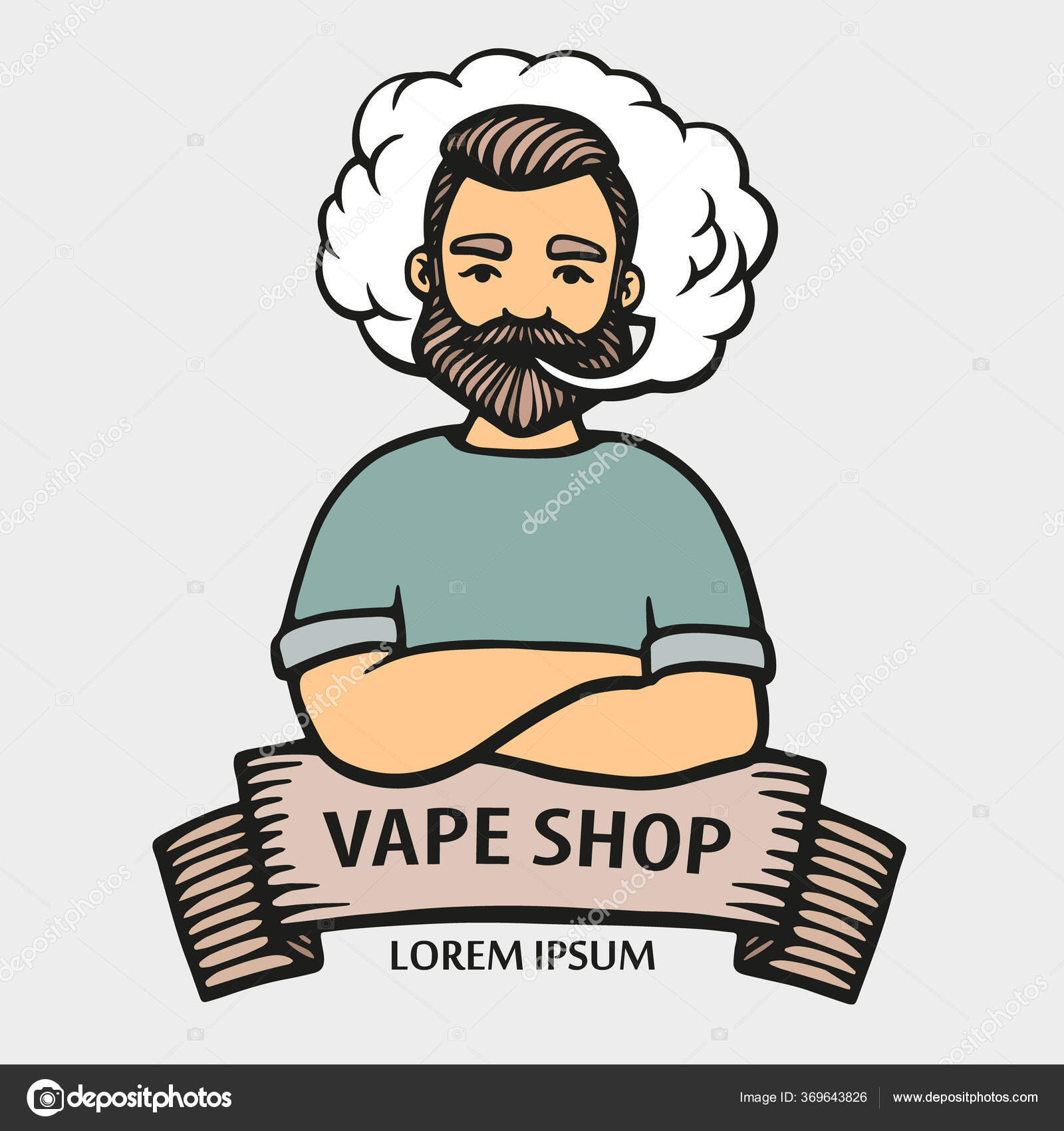 Vape logo. Hand-drawn hipster dude with mustache and beard. Man with vape  and cloud isolated on white vector background. Electronic Cigarette.  Vector. Stickers, logo, Emblem. Stock Vector Image by ©@  #369643826