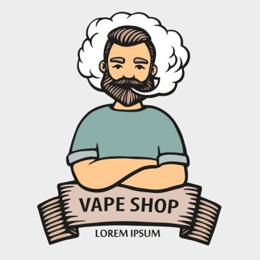 Vape logosu. El çizimi, bıyıklı ve sakallı hippi. Beyaz vektör arka planında izole edilmiş bir adam. Elektronik Sigara mı? Vektör. Etiketler, logo, amblem.