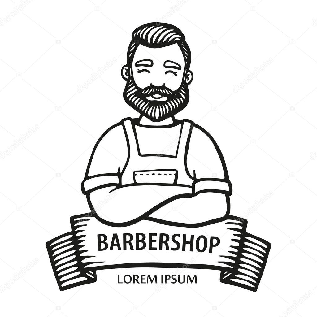 Barbershop logo. Hand-drawn hipster dude with mustache, beard with ribbon. Man barber with arms crossed in an apron. Vector line logo. Sticker, logo, Emblem