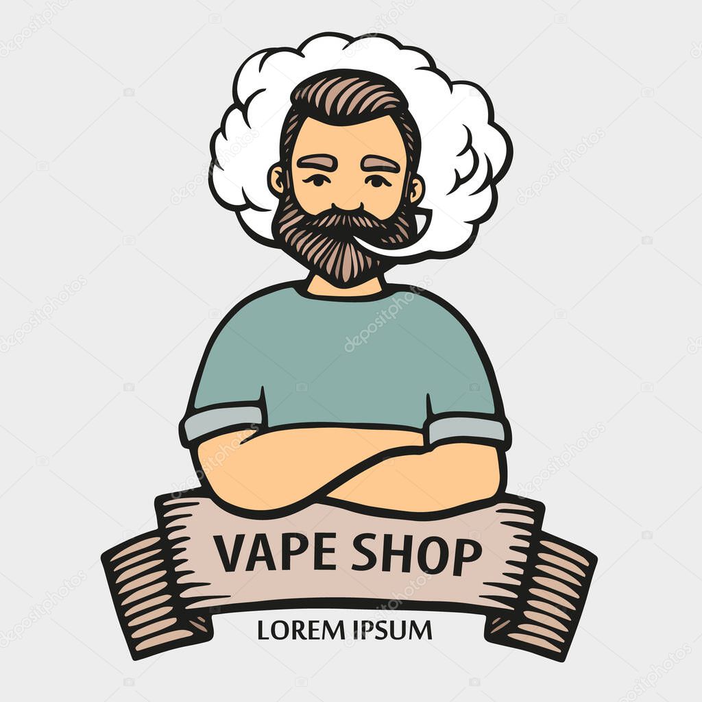 Vape logo. Hand-drawn hipster dude with mustache and beard. Man with vape and cloud isolated on white vector background. Electronic Cigarette. Vector. Stickers, logo, Emblem