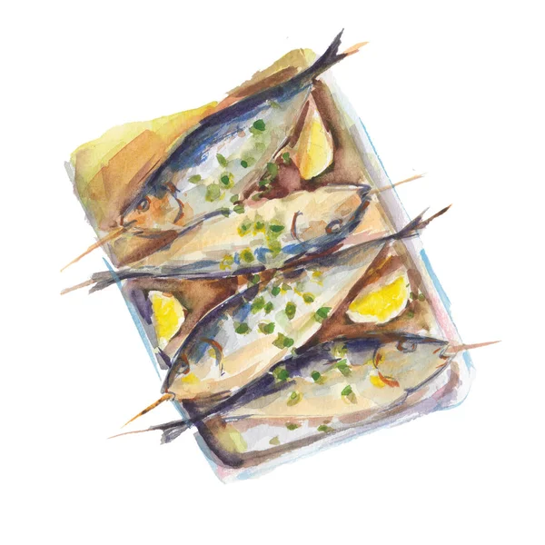 O peixe frito com um limão isolado no fundo branco, ilustração aquarela no estilo desenhado à mão . — Fotografia de Stock