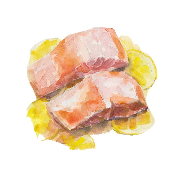 흰색 배경, 스타일 그린 수채화 그림에 고립 된 레몬 연어 튀김된 조각. — 스톡 사진