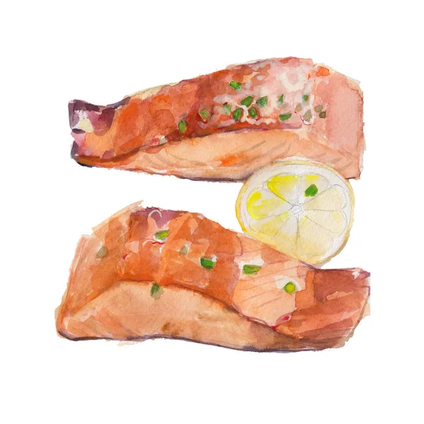The fried slice of salmon with a lemon isolated on white background, watercolor illustration in hand-drawn style. — Stock Photo, Image