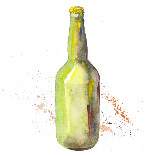 La bottiglia di birra isolata su sfondo bianco, illustrazione ad acquerello in stile disegnato a mano . — Foto Stock
