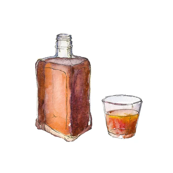La botella de coñac aislada sobre un fondo blanco, una ilustración de acuarela en estilo dibujado a mano . — Foto de Stock