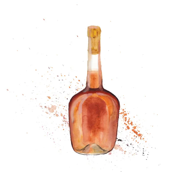 Пляшка коньяку ізольована на білому тлі, акварельна ілюстрація в мальованому стилі . — стокове фото