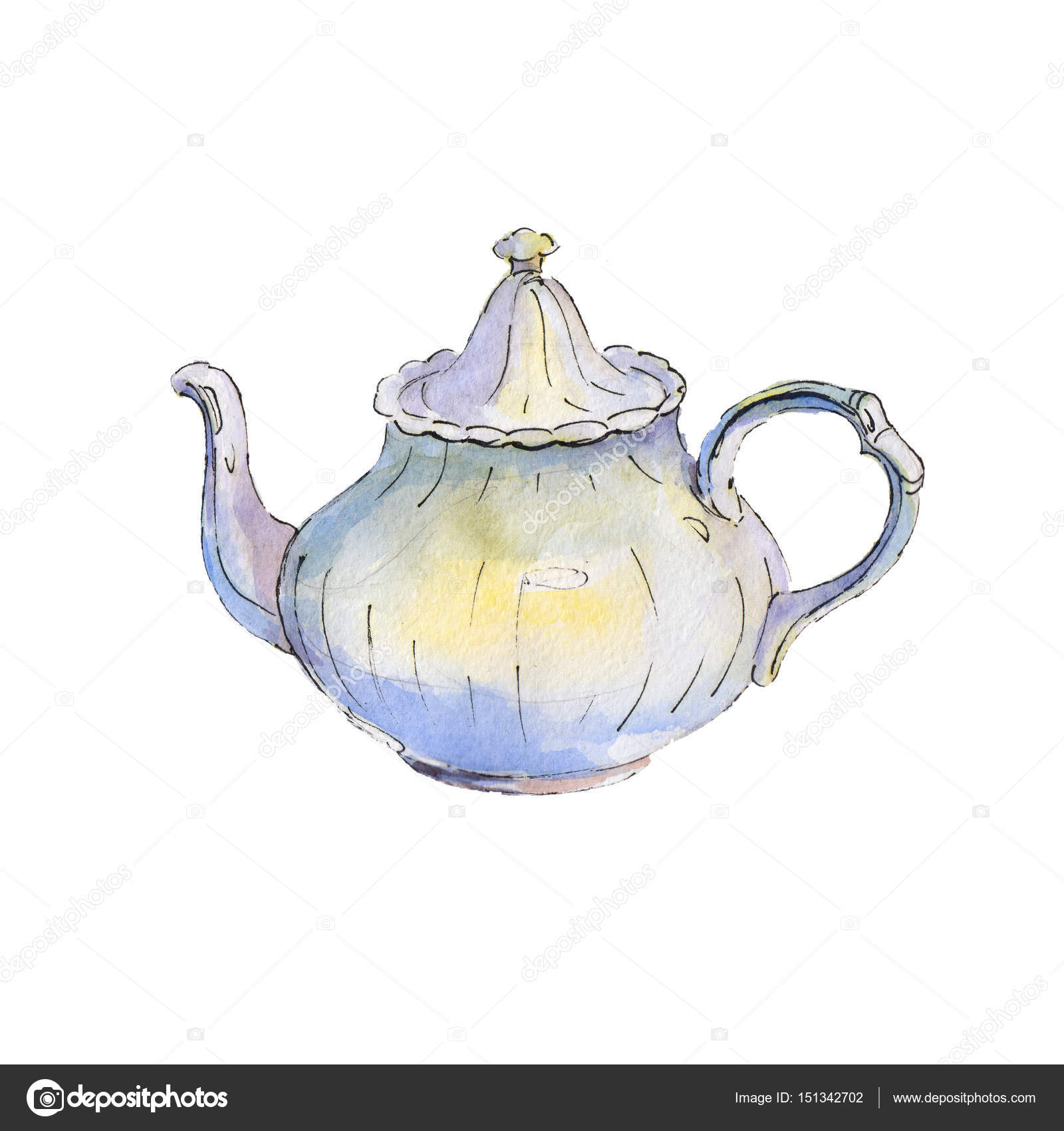 The classic teapot isolated on white background, watercolor