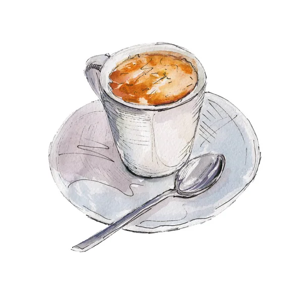 Beyaz arka planda, tarzı çizilmiş suluboya illüstrasyon izole kahve fincanı. — Stok fotoğraf