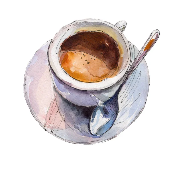 La taza de café aislada sobre fondo blanco, ilustración de acuarela en estilo dibujado a mano . — Foto de Stock