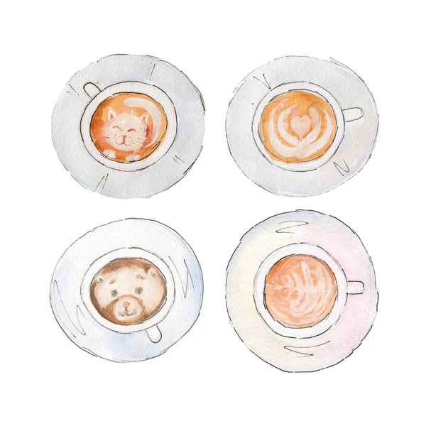 Les tasses à café serties de latteart isolé sur fond blanc, illustration aquarelle dans un style dessiné à la main . — Photo