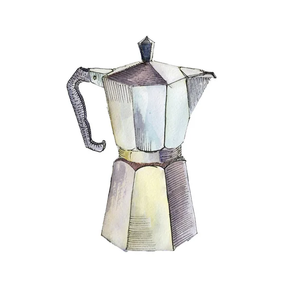 Die Kaffeemaschine isoliert auf weißem Hintergrund, Aquarell-Illustration im handgezeichneten Stil. — Stockfoto