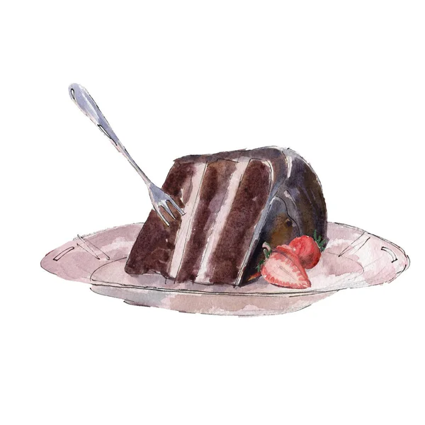 El trozo de pastel de chocolate con fresa aislada sobre fondo blanco, ilustración de acuarela en estilo dibujado a mano . — Foto de Stock