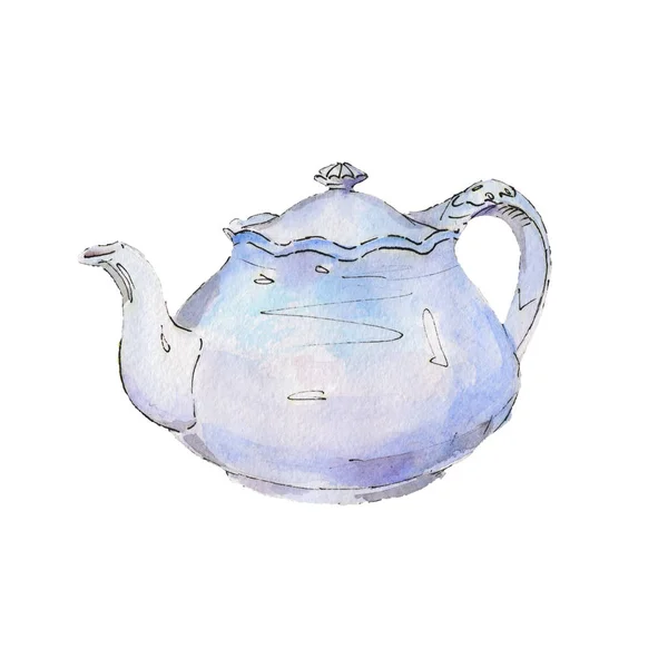 A klasszikus teáskanna elszigetelt fehér background, akvarell illusztráció, kézzel rajzolt stílusban. — Stock Fotó