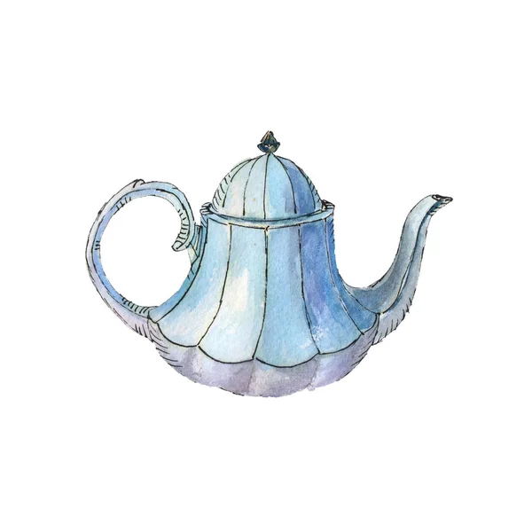 白色背景，手绘风格水彩插图上孤立的经典茶壶. — 图库照片