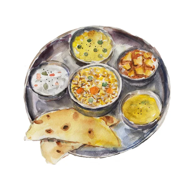 スタイルの手描き水彩イラスト白背景に分離された国の料理インドのターリー. — ストック写真