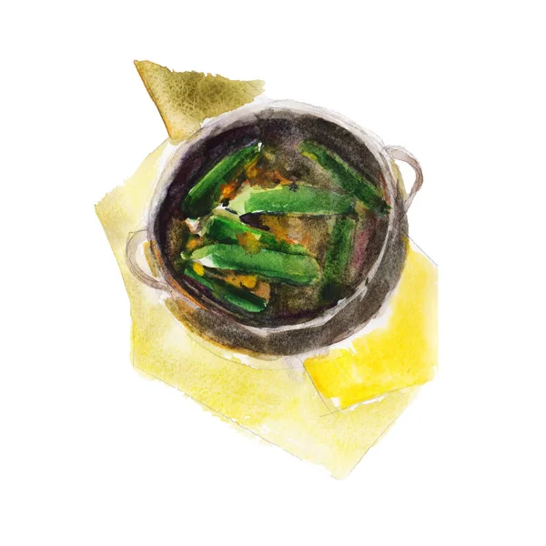 흰색 배경, 스타일 그린 수채화 그림에 국가 채식 요리. — 스톡 사진