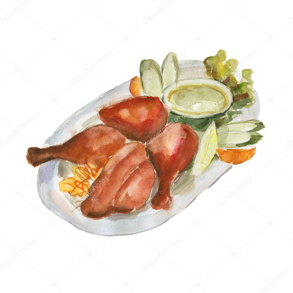 The chicken biryani dish isolated on white background, watercolor illustration in hand-drawn style.