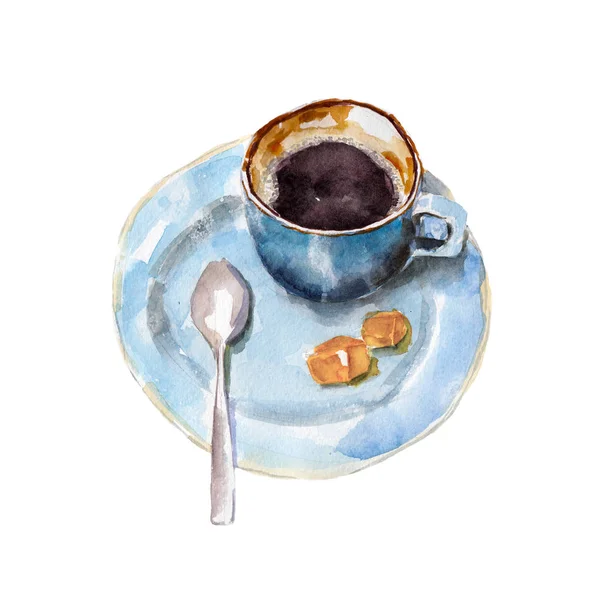 Die Kaffeetasse mit braunem Shugar und Löffel auf weißem Hintergrund, Aquarell-Illustration im handgezeichneten Stil. — Stockfoto