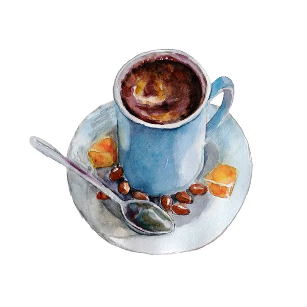 La tasse à café avec grains de café et cuillère sur fond blanc, illustration aquarelle dans un style dessiné à la main . — Photo