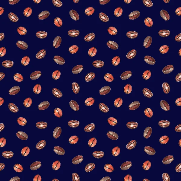 Watercolor seamless pattern with coffee beans. Watercolor illustration on dark blue background. Seamless pattern can be used for wallpapers, web backgrounds, or textile. — Stock Photo, Image