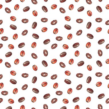 Kahve çekirdekleri ile sulu boya Dikişsiz desen. Beyaz zemin üzerine suluboya resim. Dikişsiz desen duvar kağıtları, web arka plan veya Tekstil için kullanılabilir.