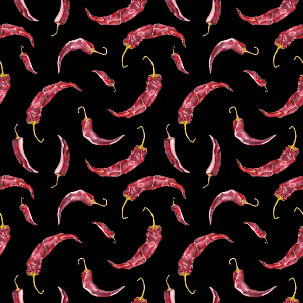 Watercolor seamless pattern with chili pepper pods. Watercolor illustration on black background. Seamless pattern can be used for wallpapers, web backgrounds, or textile. — Stock Photo, Image