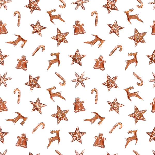 Aquarel naadloze patroon met peperkoek cookies. Aquarel illustratie op witte achtergrond. Speculaaspop, herten, sterren en peperkoek candy cane symbool in aquarel naadloze patroon. — Stockfoto