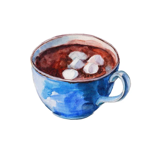 La tazza di caffè blu con marshmallow bianchi. Oggetto isolato su sfondo bianco, illustrazione ad acquerello in stile disegnato a mano . — Foto Stock