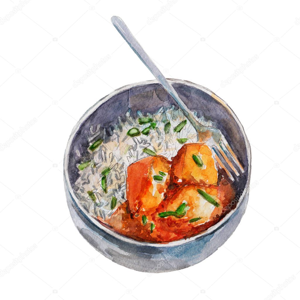 The national Indian dish rice with potato and curry isolated on white background, watercolor illustration in hand-drawn style.