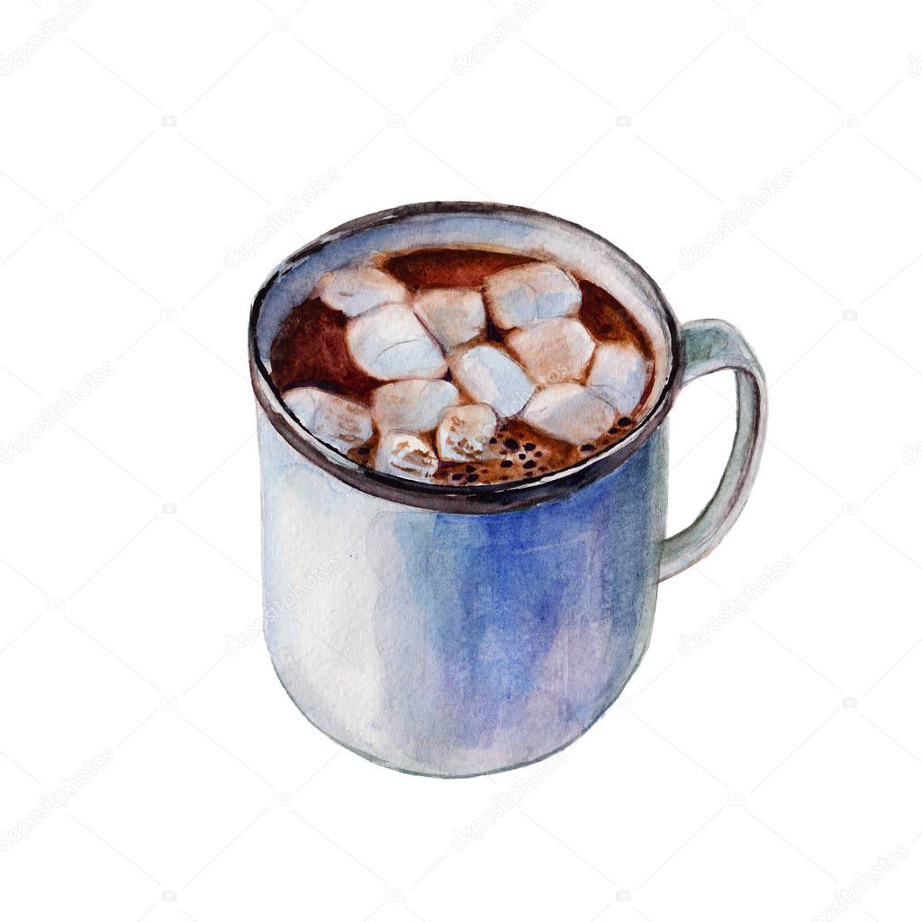 The iron enameled mug of coffee with white marshmallows. Isolated object on white background, watercolor illustration in hand-drawn style.
