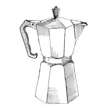 Kahve makinesi beyaz arka plan üzerinde izole çizim siyah mürekkep. Vektör çizim. Çizilmiş kroki tarzı.
