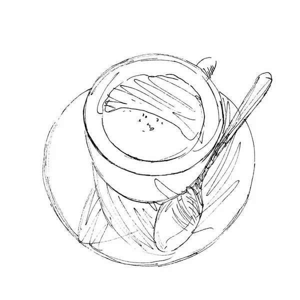 Premium Vector  White sketch of a cup of coffee with a croissant a spoon  on a plate isolated on black chalkboard