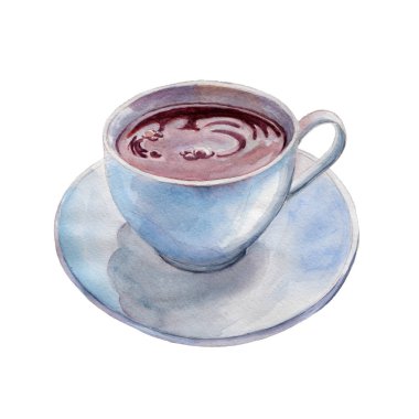 Beyaz arka planda, tarzı çizilmiş suluboya illüstrasyon izole çay bardağı.