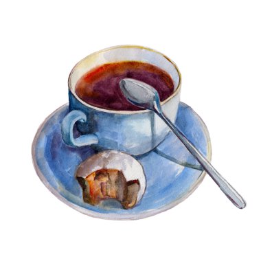 Çay bardağı ile yemek, pasta ve beyaz arka planda, tarzı çizilmiş suluboya illüstrasyon izole kaşık dilim.