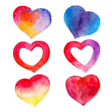 Sevgililer günü beyaz arka planda, tarzı çizilmiş suluboya illüstrasyon izole kalplerin renk kümesi.