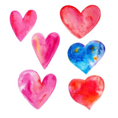 Sevgililer günü beyaz arka planda, tarzı çizilmiş suluboya illüstrasyon izole kalplerin renk kümesi.