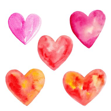 Sevgililer günü beyaz arka planda, tarzı çizilmiş suluboya illüstrasyon izole kalplerin renk kümesi.