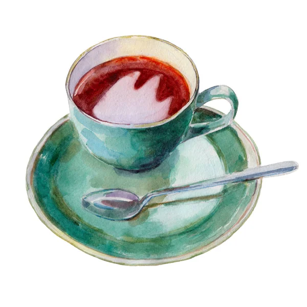 Die Teetasse mit Schale und Löffel isoliert auf weißem Hintergrund, Aquarell-Illustration im handgezeichneten Stil. — Stockfoto