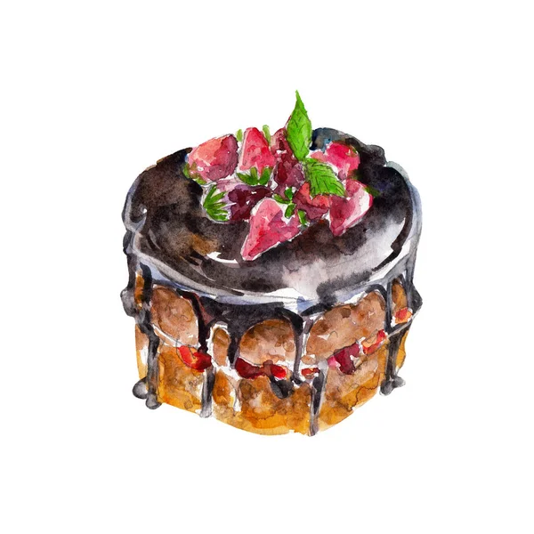 Der Schokoladenkuchen mit Erdbeeren isoliert auf weißem Hintergrund, Aquarell-Illustration im handgezeichneten Stil. — Stockfoto