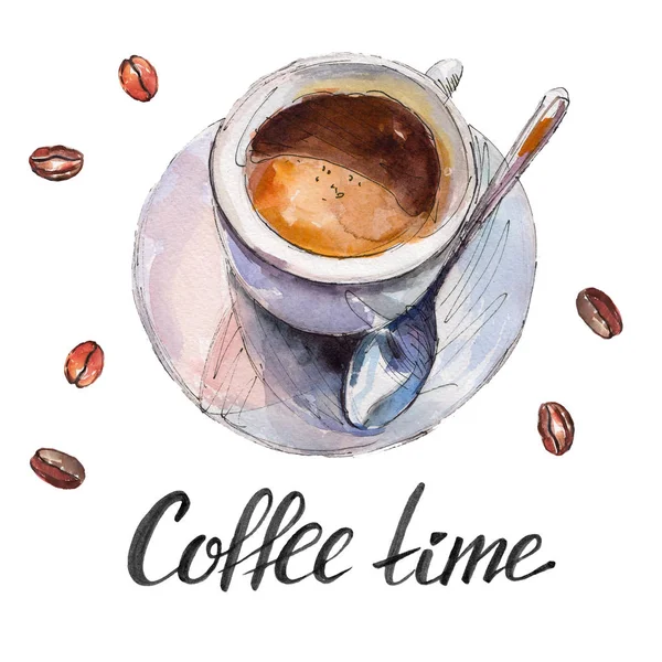 La tazza di caffè con fagioli e scritta "Coffee time" isolata su sfondo bianco, illustrazione ad acquerello in stile disegnato a mano . — Foto Stock