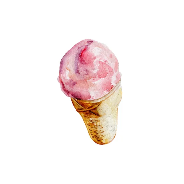 El helado rosa en cono de oblea aislado sobre fondo blanco, ilustración de acuarela en estilo dibujado a mano . —  Fotos de Stock