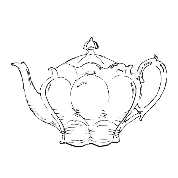 Die schwarze Tuschezeichnung der klassischen Teekanne isoliert auf weißem Hintergrund. Vektorillustration. Handgezeichneter Skizzenstil. — Stockvektor