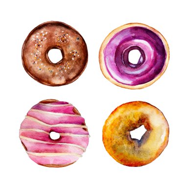 Beyaz arka plan üzerinde izole sır ile çörek kümesi, suluboya resim elinde çizilmiş Stil kümesi..